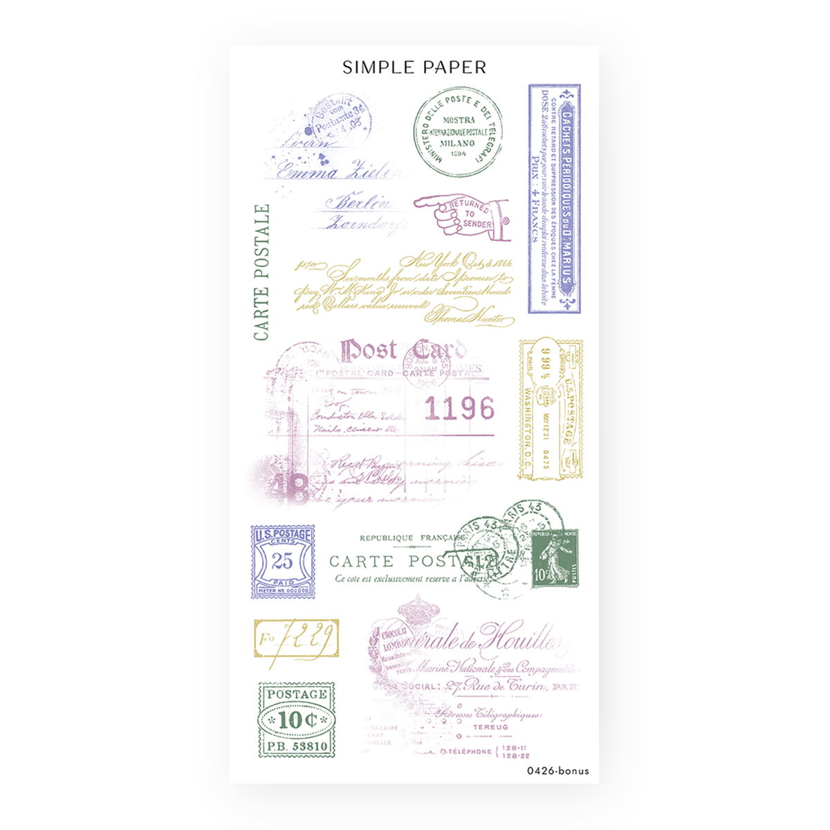 Vintage postage stamp and carte postale sticker sheet in soft lavender, sage green, and dusty rose with postal marks