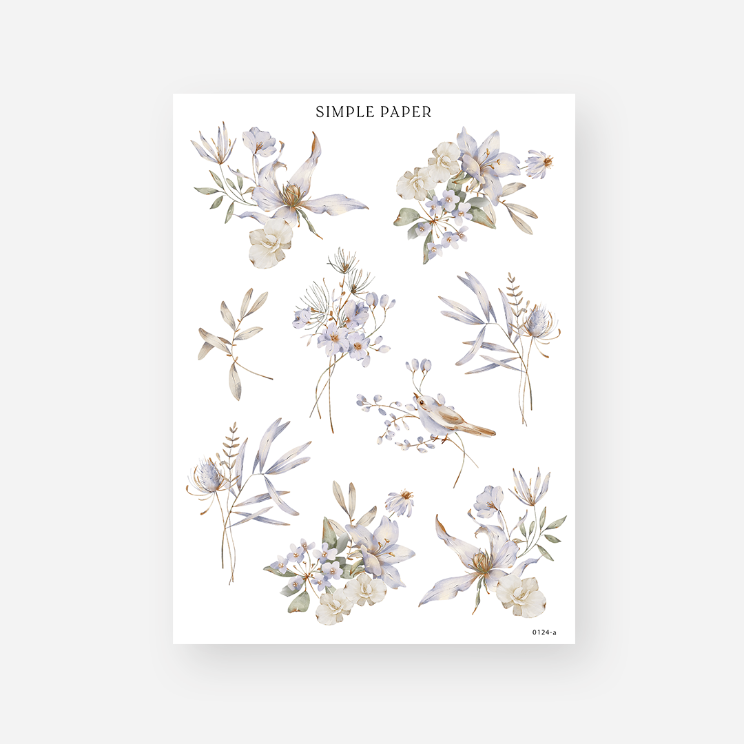 Lavender lily and cream rose bouquet stickers with thistles, gold-edged leaves and a songbird, January 2024 Sheet A