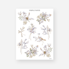Lavender lily and cream rose bouquet stickers with thistles, gold-edged leaves and a songbird, January 2024 Sheet A