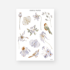 Single lavender lily, cream bloom, daisy, poppy pod and songbird stickers, January 2024 Sheet B