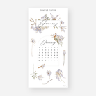 January calendar sticker in an arch frame with script headers, lavender lilies, a thistle and songbirds, January 2024 Sheet C