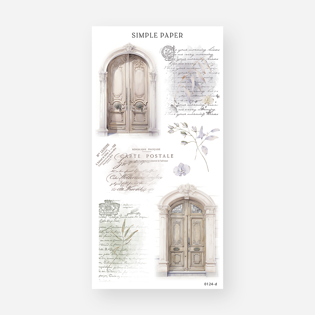 Ornate arched door stickers with vintage postcard and script letter ephemera and an orchid, January 2024 Sheet D