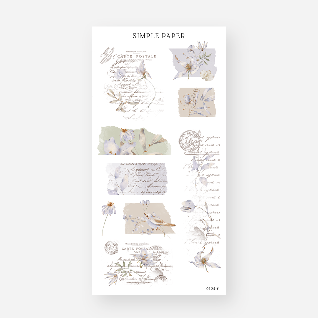 Postcard and script letter collage stickers with lavender lilies, a songbird and torn paper strips, January 2024 Sheet F