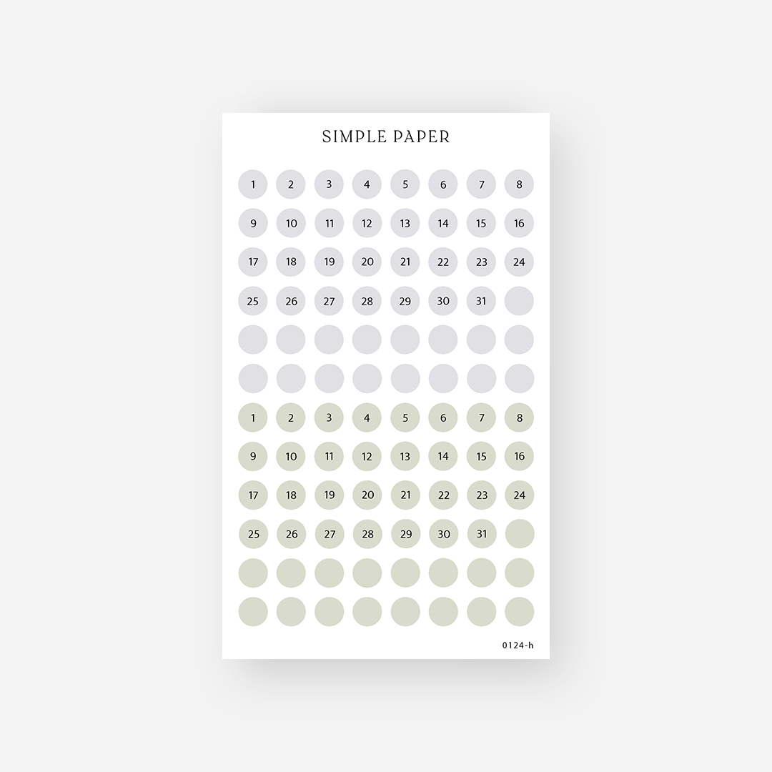 Lavender gray and sage date dot stickers numbered 1 to 31 with blank dots, January 2024 Sheet H