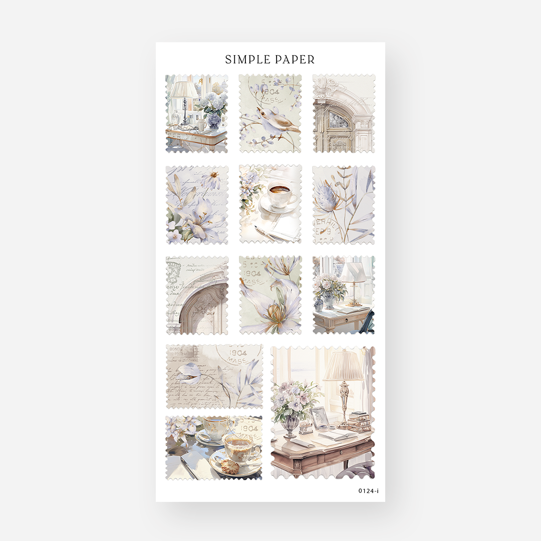 Postage stamp stickers with writing desks, lamps, teacups, a songbird, arched doorways and lilies, January 2024 Sheet I
