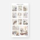 Postage stamp stickers with writing desks, lamps, teacups, a songbird, arched doorways and lilies, January 2024 Sheet I