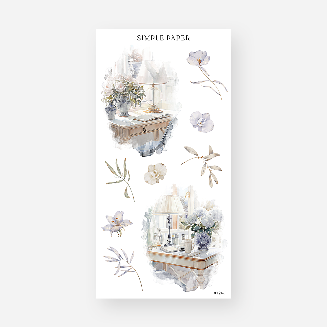 Writing desk stickers with lamps and blue and white vases of peonies and hydrangeas, lilies and leaves, January 2024 Sheet J