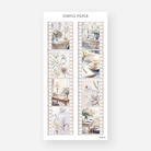 Filmstrip stickers of writing desks, teacups, lavender lilies on script paper and a rose bouquet, January 2024 Sheet K