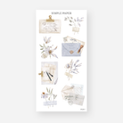 Stickers of a clipped postcard, wax-sealed envelope, fountain pen on letters and taped flower sprigs, January 2024 Sheet L