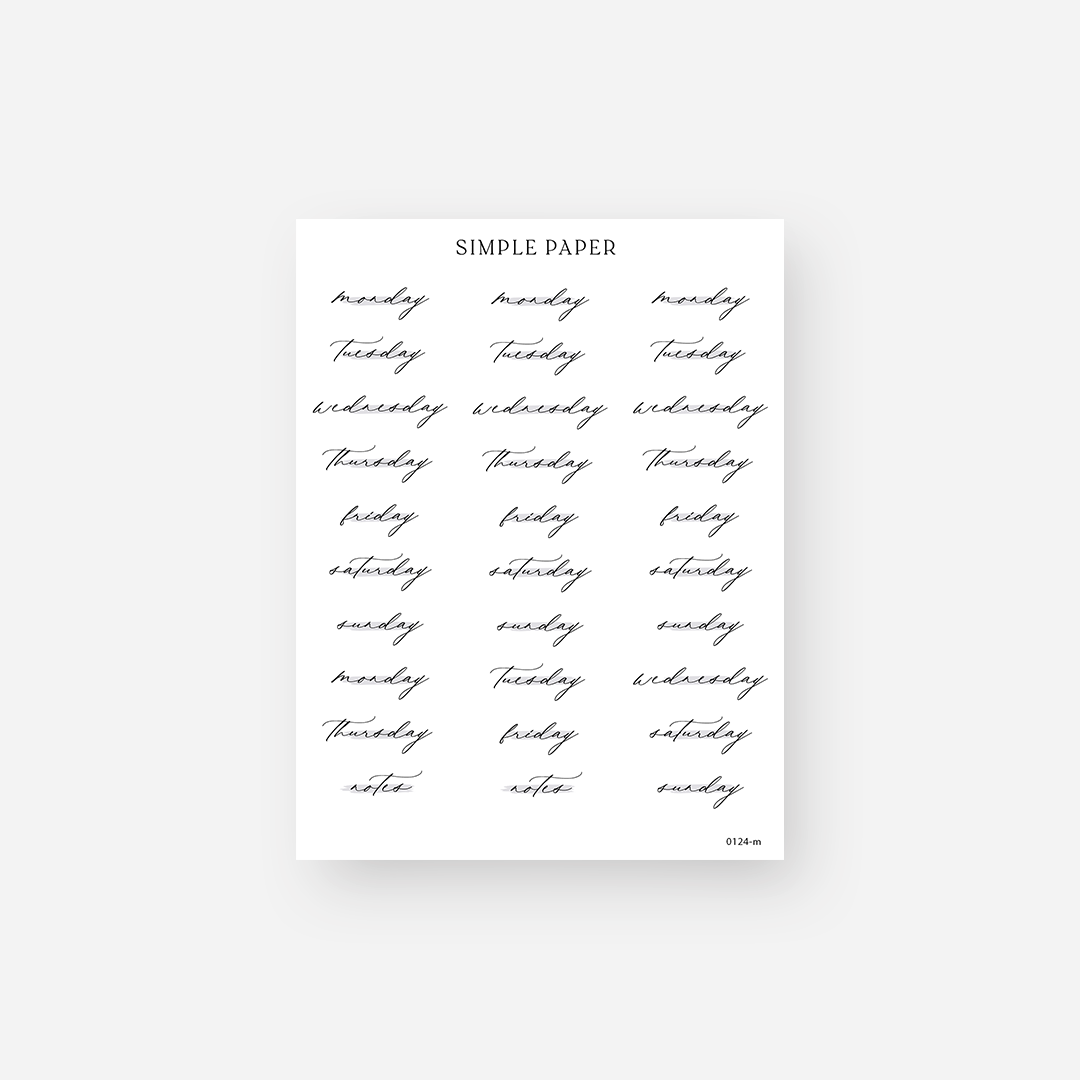 Black script days of the week planner stickers with notes labels, January 2024 Sheet M