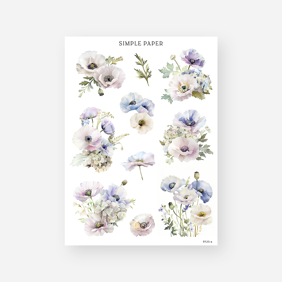 Pastel poppy and anemone bouquet stickers in lavender, blue and blush, Sheet A