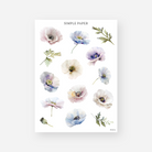 Individual poppy and anemone blooms in white, blush, lavender and blue, Sheet B