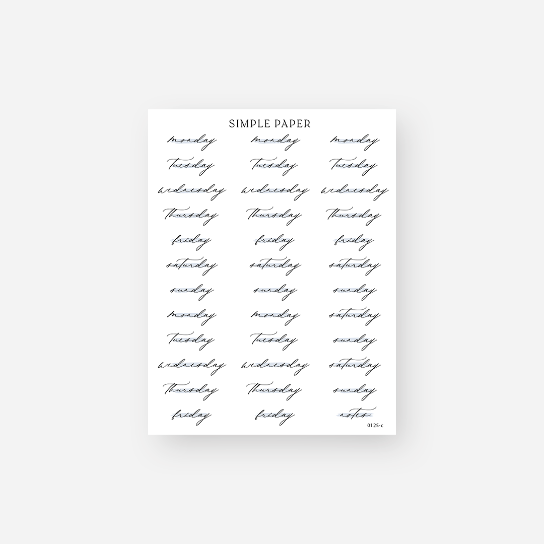 Cursive script days of the week stickers with a notes label, Sheet C