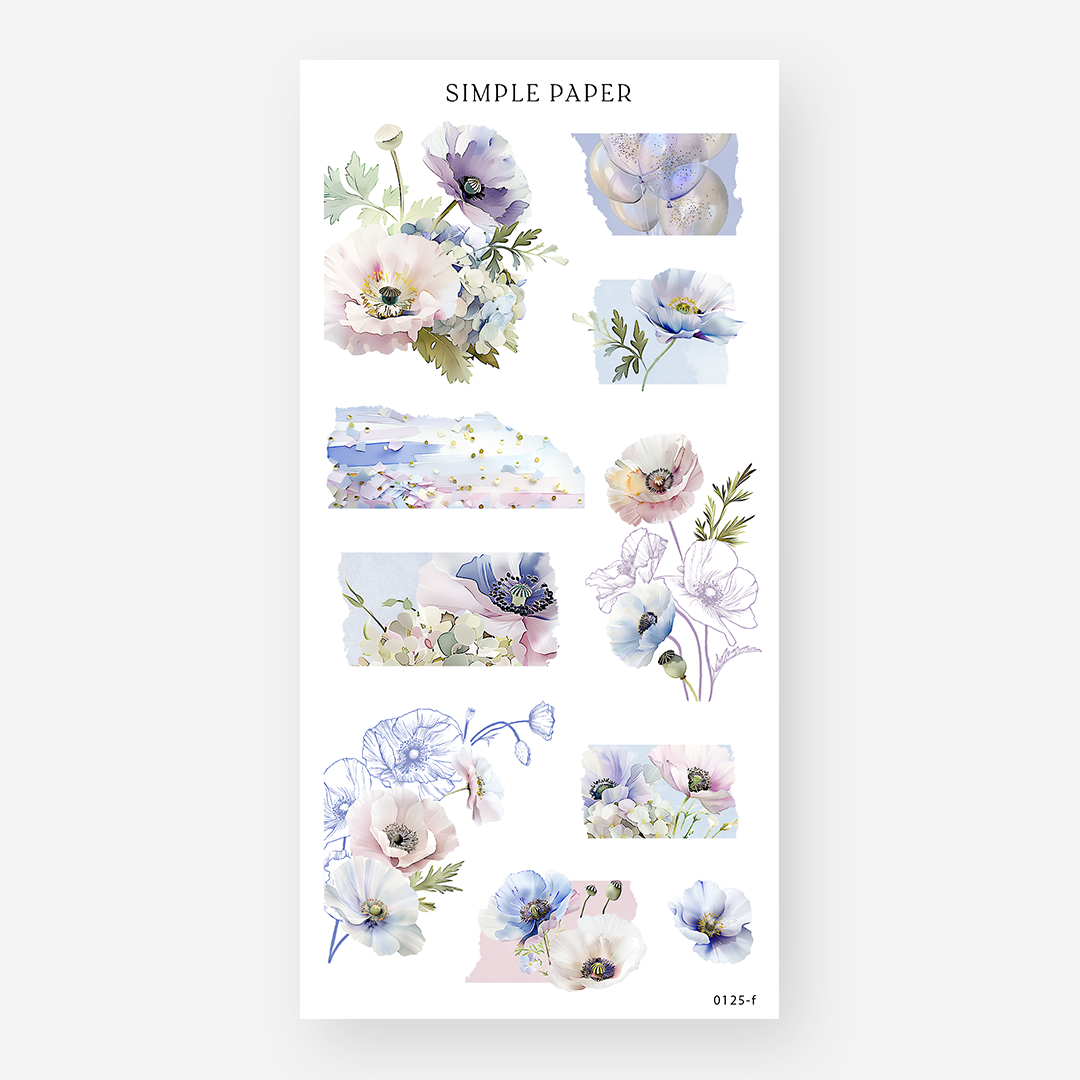 Cropped poppy photo strips, gold-flecked washi strip and blue line art poppies, Sheet F