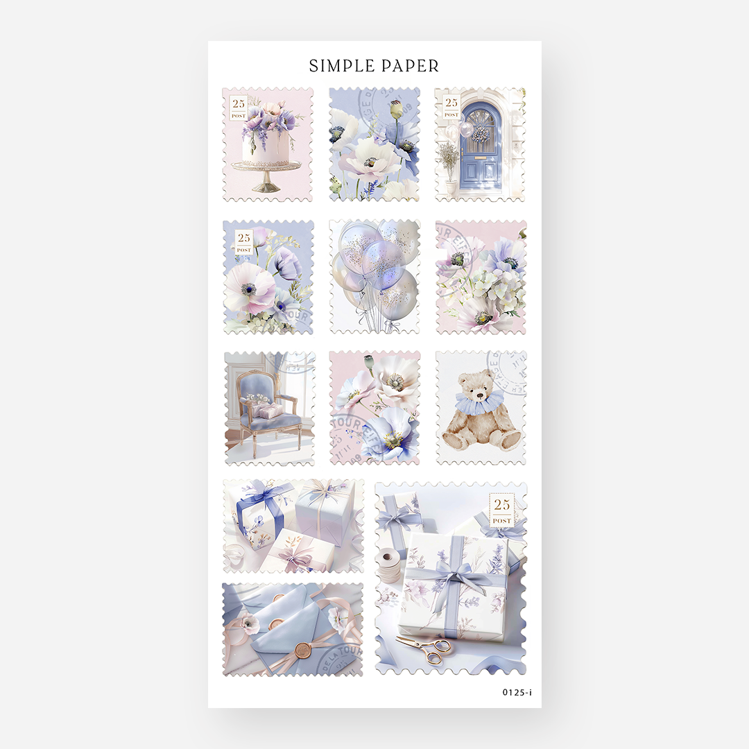 Postage stamp stickers of a cake, blue door, teddy bear, armchair and wax-sealed envelope, Sheet I