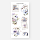 Snapshot photos of an armchair, ribbon-tied envelopes and a cake, with poppy bouquets and a gift box, Sheet J
