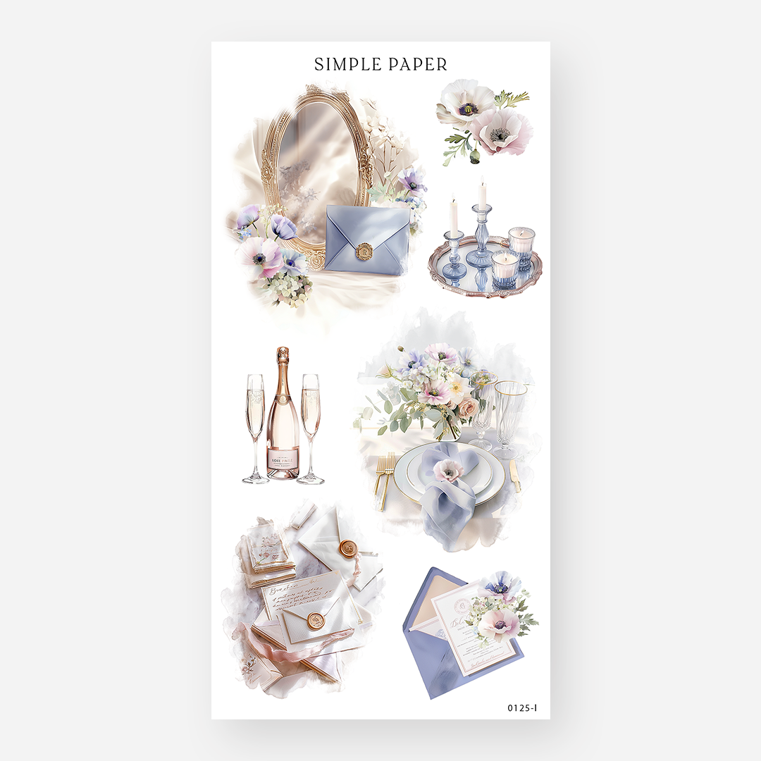 Vanity mirror, wax-sealed envelope, candlesticks and a floral table setting, Sheet L