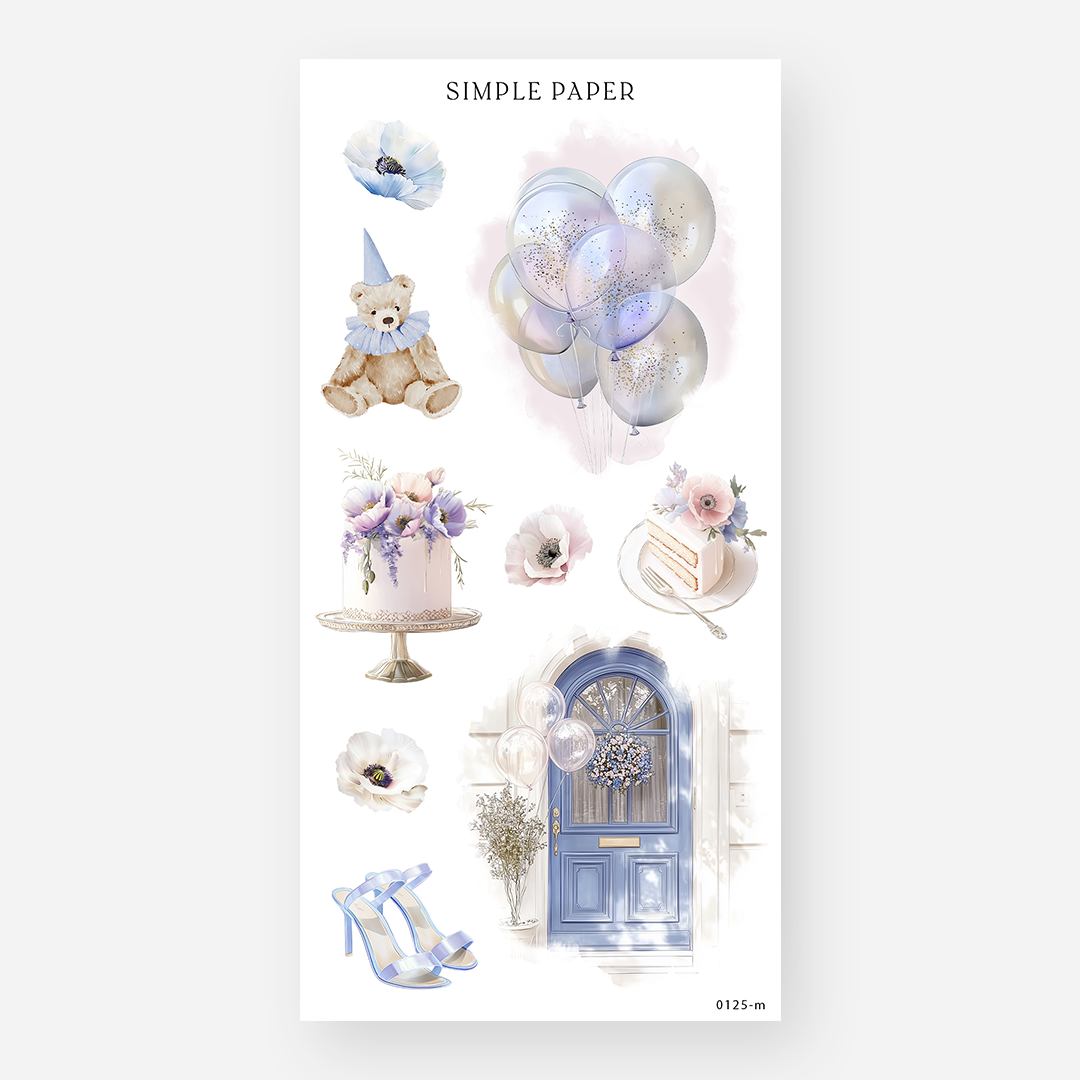 Party stickers with a teddy bear, balloons, a cake and a wreathed blue front door, Sheet M