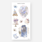 Party stickers with a teddy bear, balloons, a cake and a wreathed blue front door, Sheet M