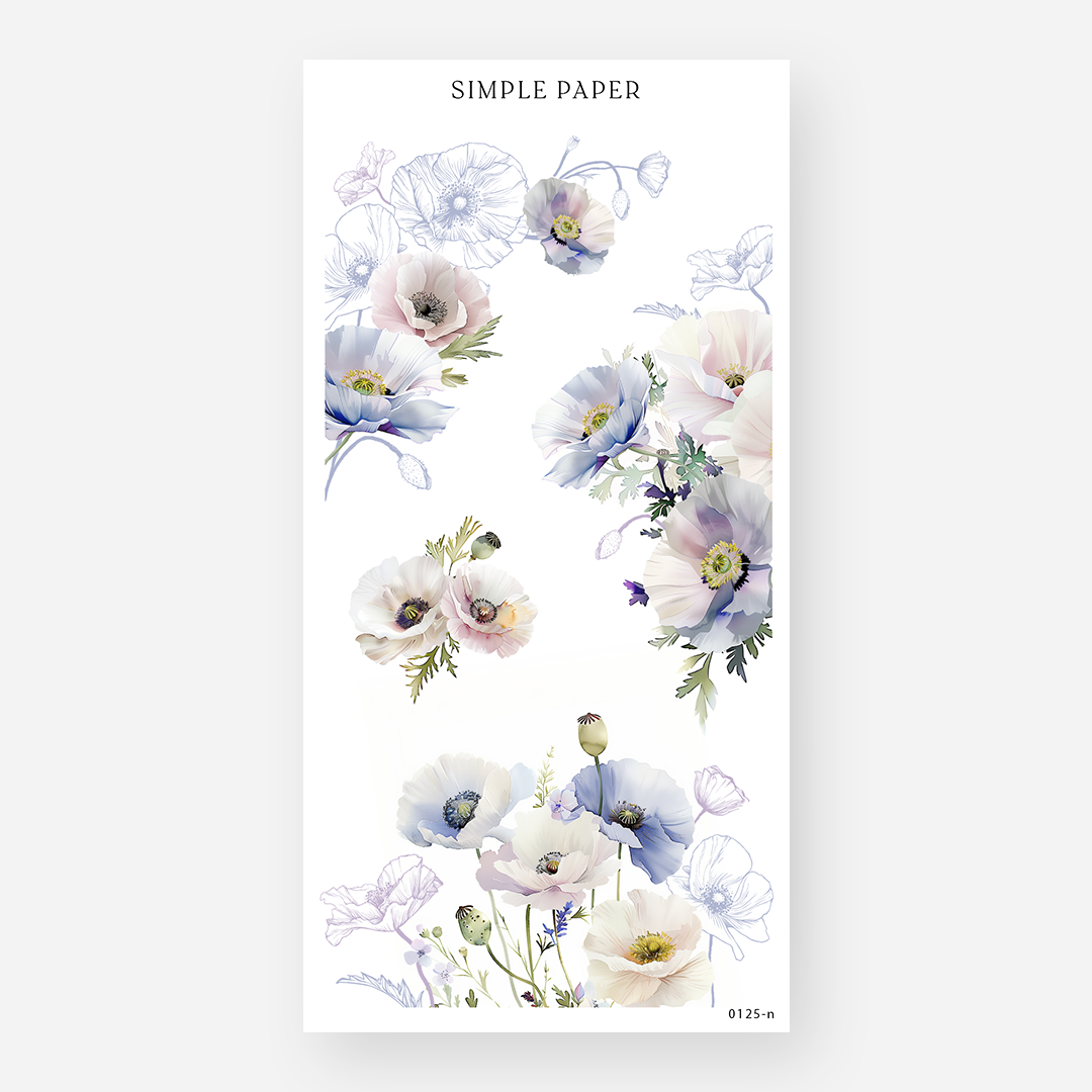 Poppy and anemone bouquets with matching uncolored line art outlines, Sheet N