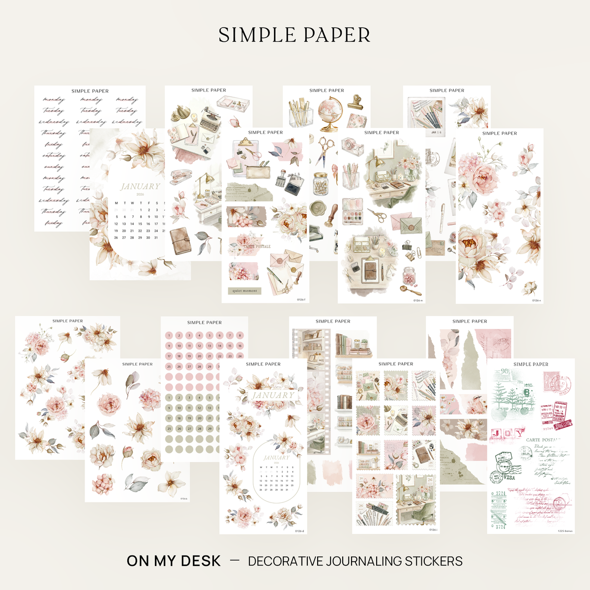 On My Desk Full Decorative Kit: 14 sticker sheets of watercolor desk objects, florals and date dots by Simple Paper