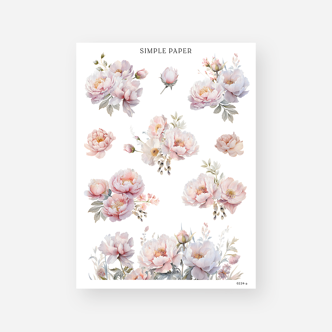 Blush pink and lavender white peony bouquet stickers with soft green leaves, February 2024 Sheet A