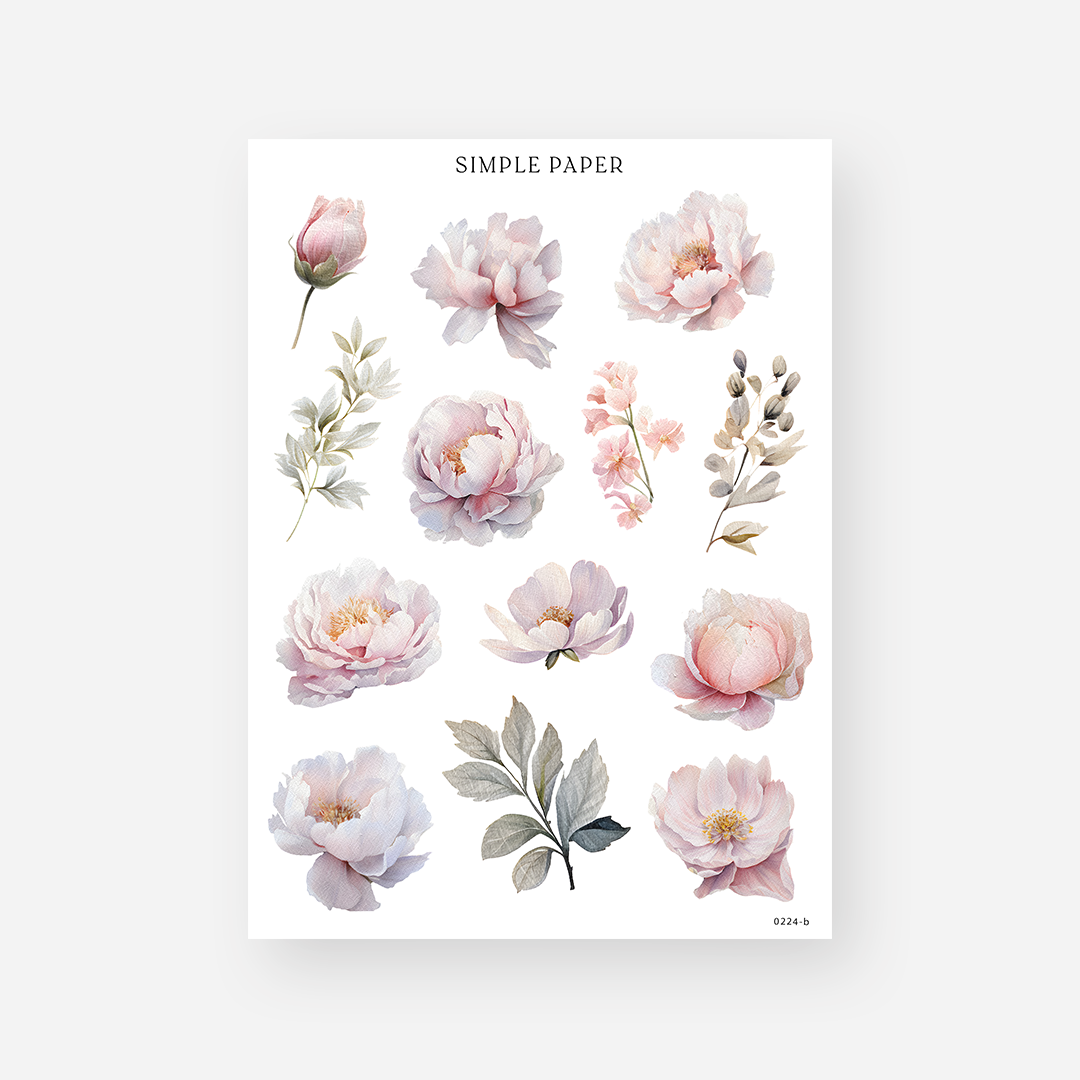 Single peony bloom stickers in blush and lavender with sage leaf sprigs, February 2024 Sheet B