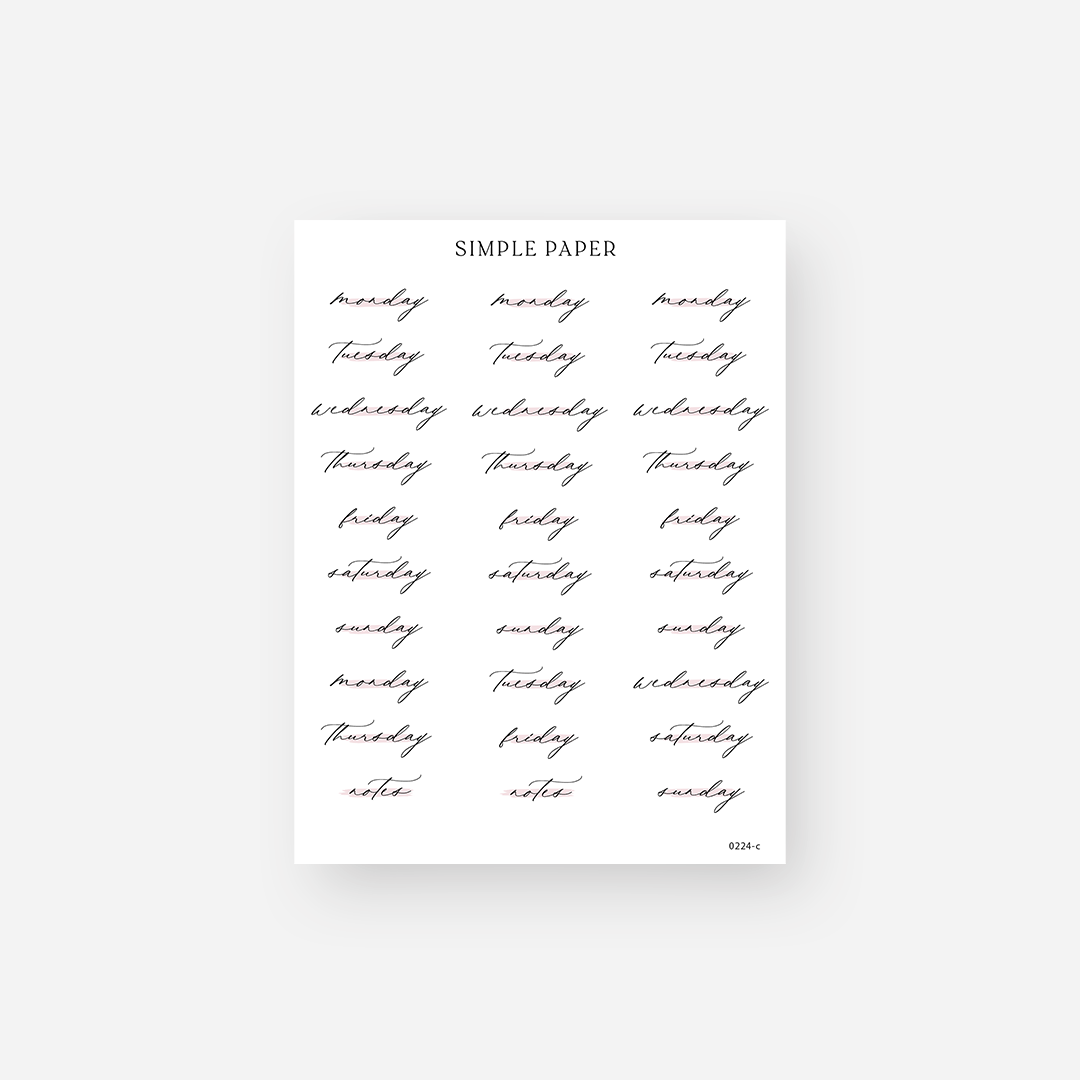 Black script days of the week planner stickers with notes labels, February 2024 Sheet C