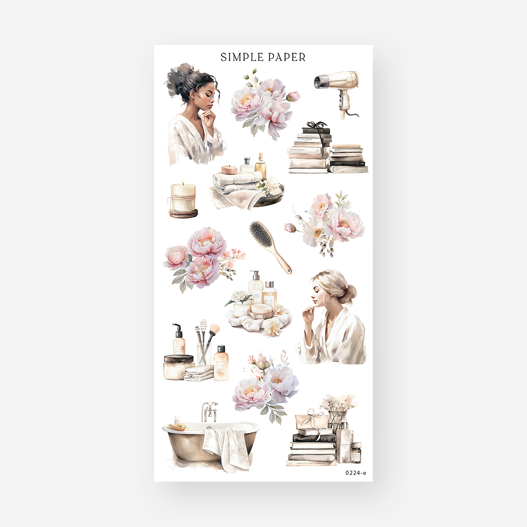 Self care spa day stickers with a robe, hair dryer, bathtub, candles and peony bouquets, February 2024 Sheet E