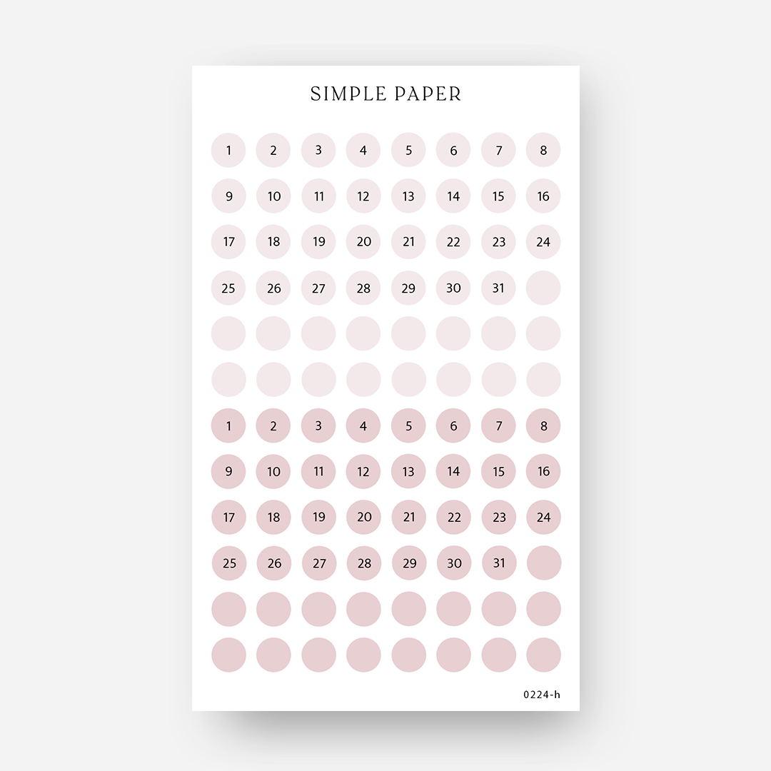 Blush pink and dusty mauve date dot stickers numbered 1 to 31 with blank dots, February 2024 Sheet H