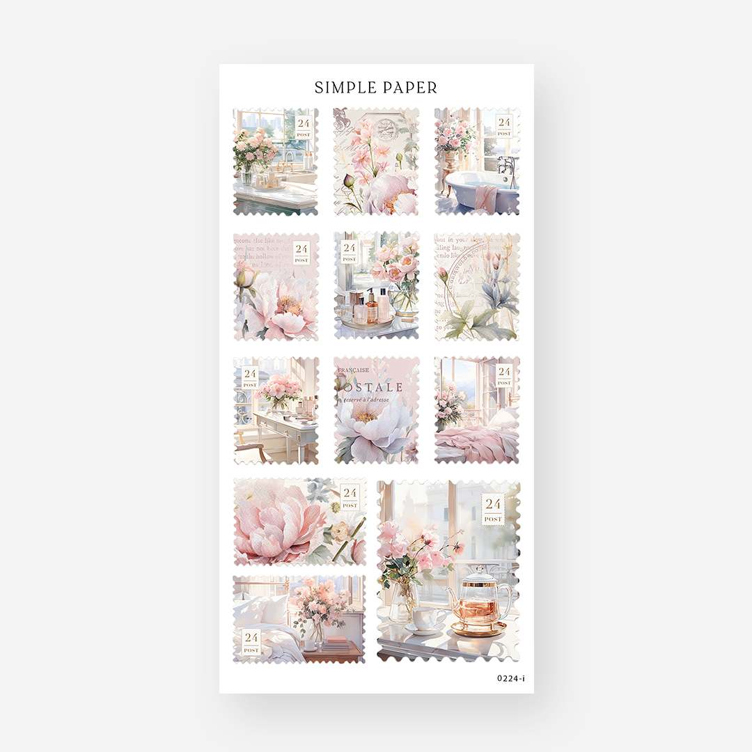 Postage stamp shaped photo stickers with flowers, a clawfoot tub and a teapot, February 2024 Sheet I