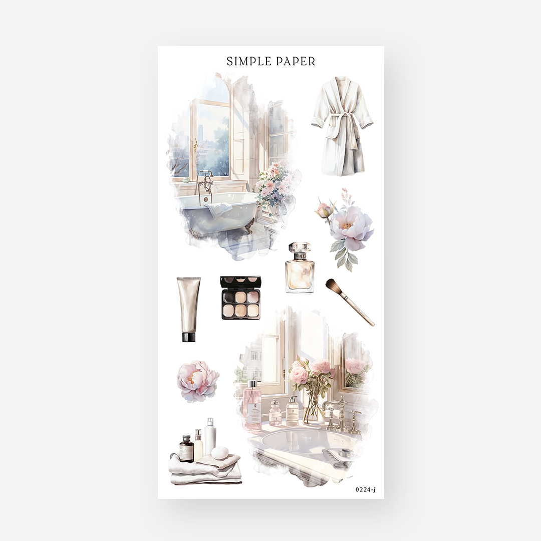 Spa bathroom lifestyle stickers with a clawfoot tub, robe, perfume bottle and peony bloom, February 2024 Sheet J