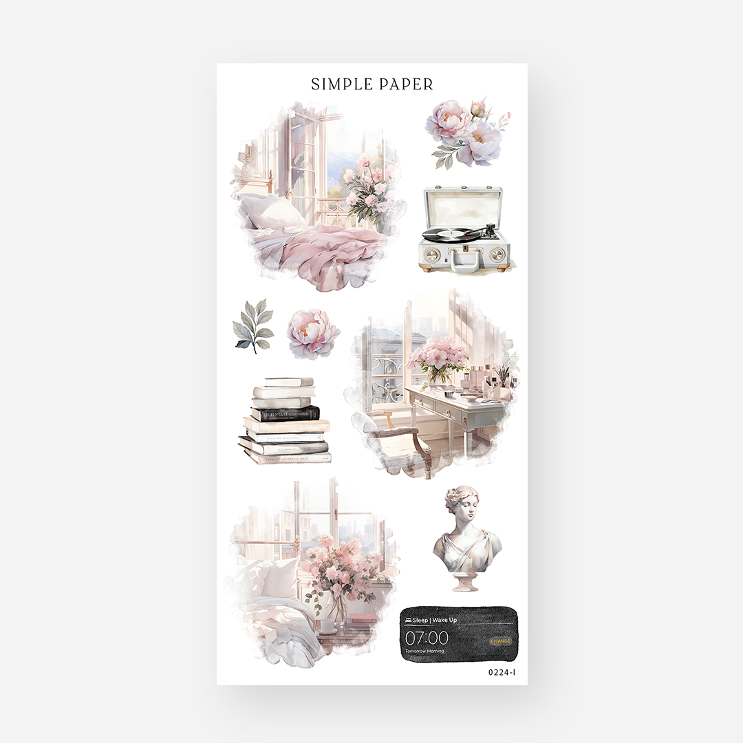 Cozy bedroom vignette stickers with a record player, stacked books, roses and a classical bust, February 2024 Sheet L