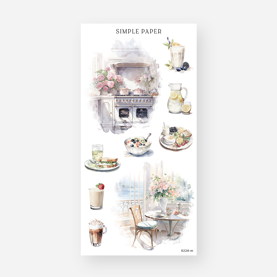 Breakfast and brunch lifestyle stickers with a smoothie, lemonade pitcher and yogurt bowl, February 2024 Sheet M