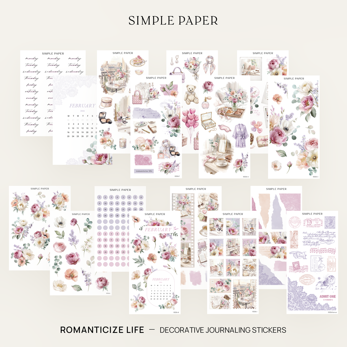 Romanticize Life Full Decorative Kit: 14 sticker sheets of watercolor florals, balcony scenes and date dots by Simple Paper