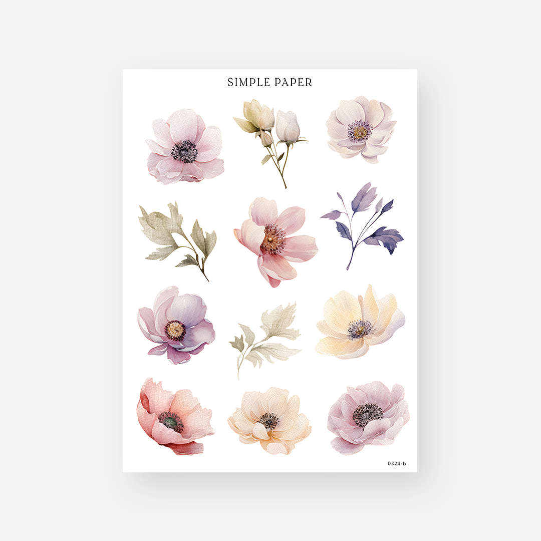 Pink, lavender and cream anemone bloom and leaf stickers, March 2024 Sheet B