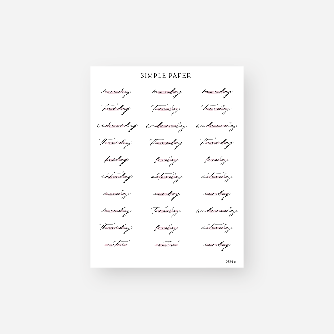 Black script days of the week planner stickers with notes labels, March 2024 Sheet C