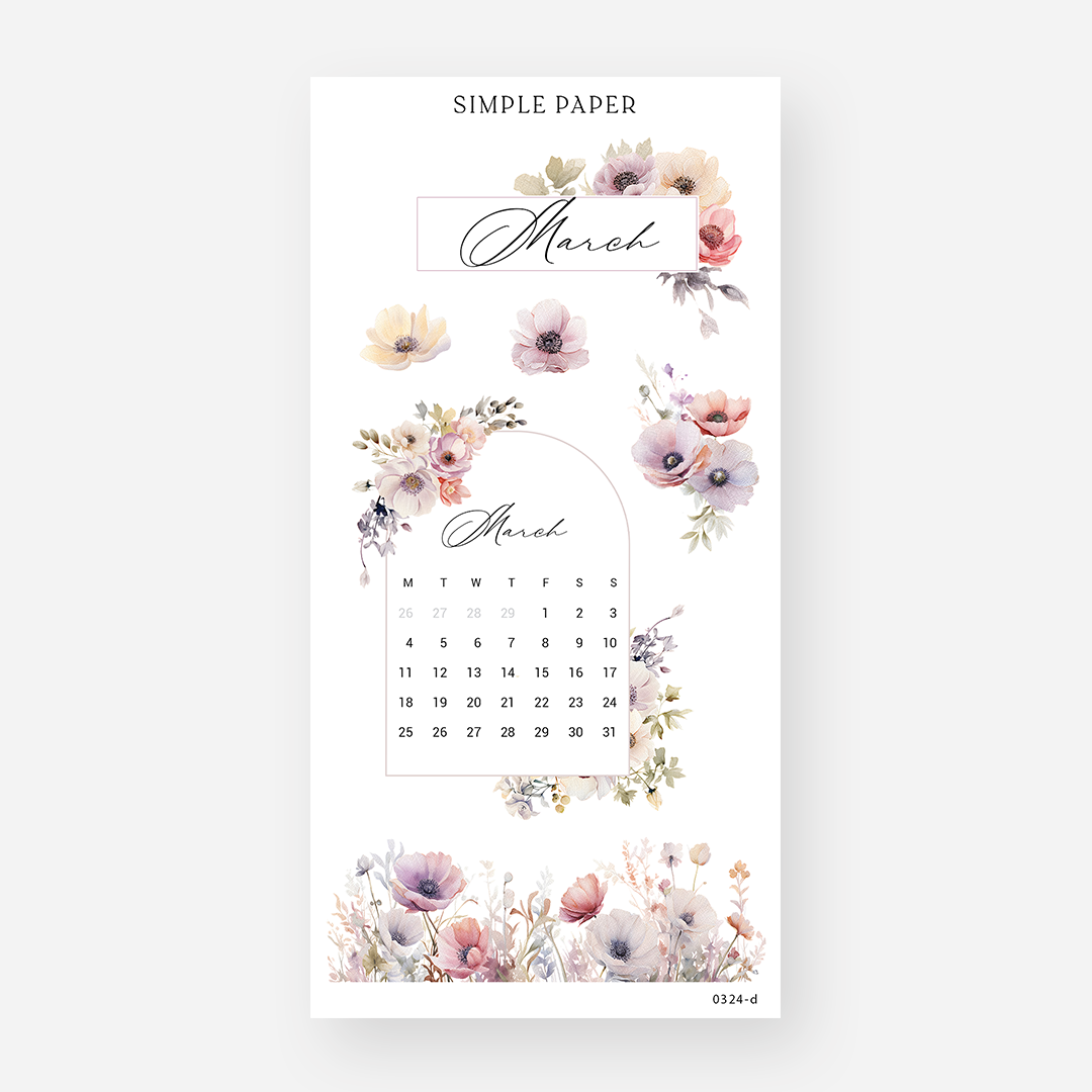 March calendar sticker framed with anemone florals, March 2024 Sheet D