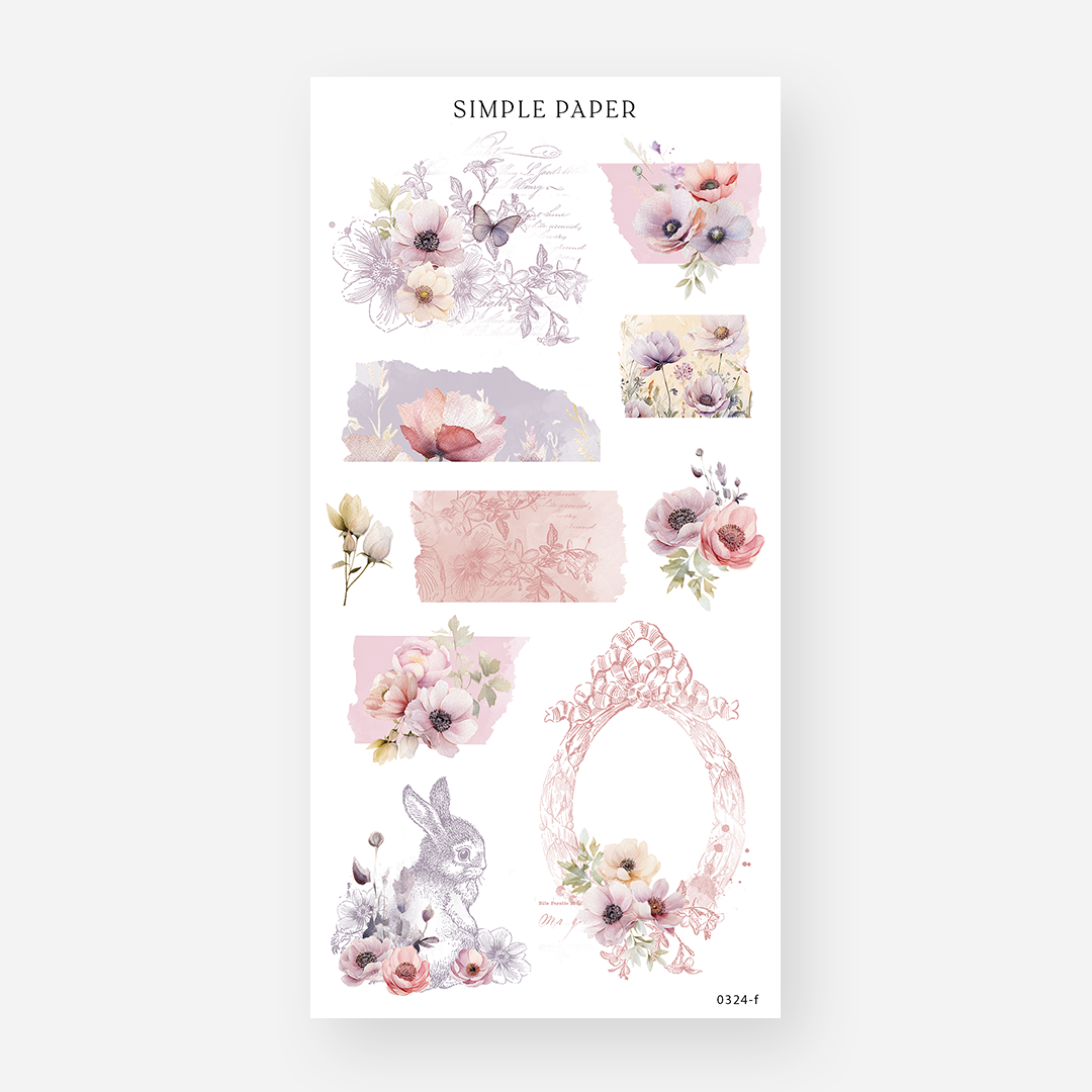 Vintage floral collage stickers with a sepia bunny sketch and floral egg frame, March 2024 Sheet F