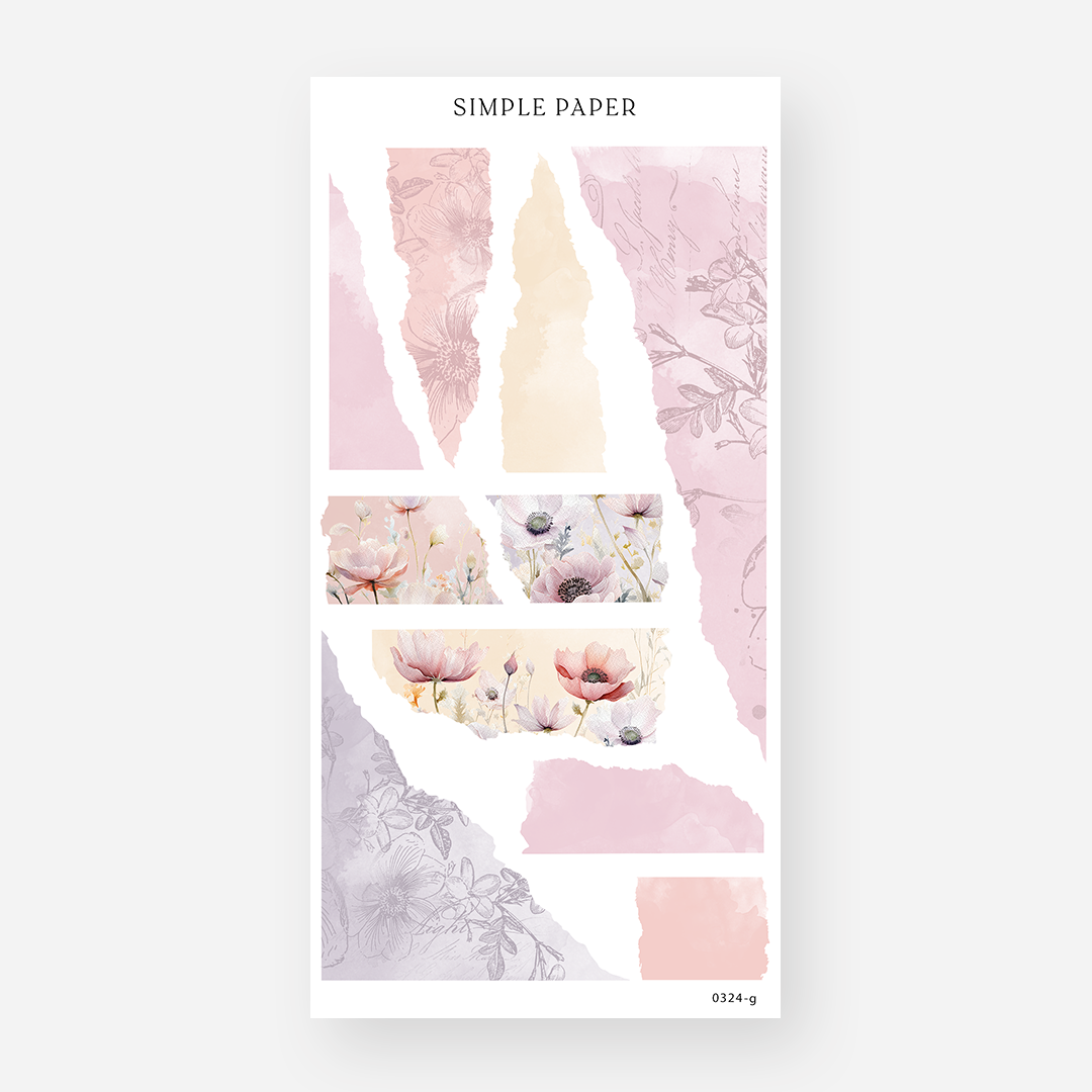 Blush and lavender torn paper washi stickers with anemone prints, March 2024 Sheet G