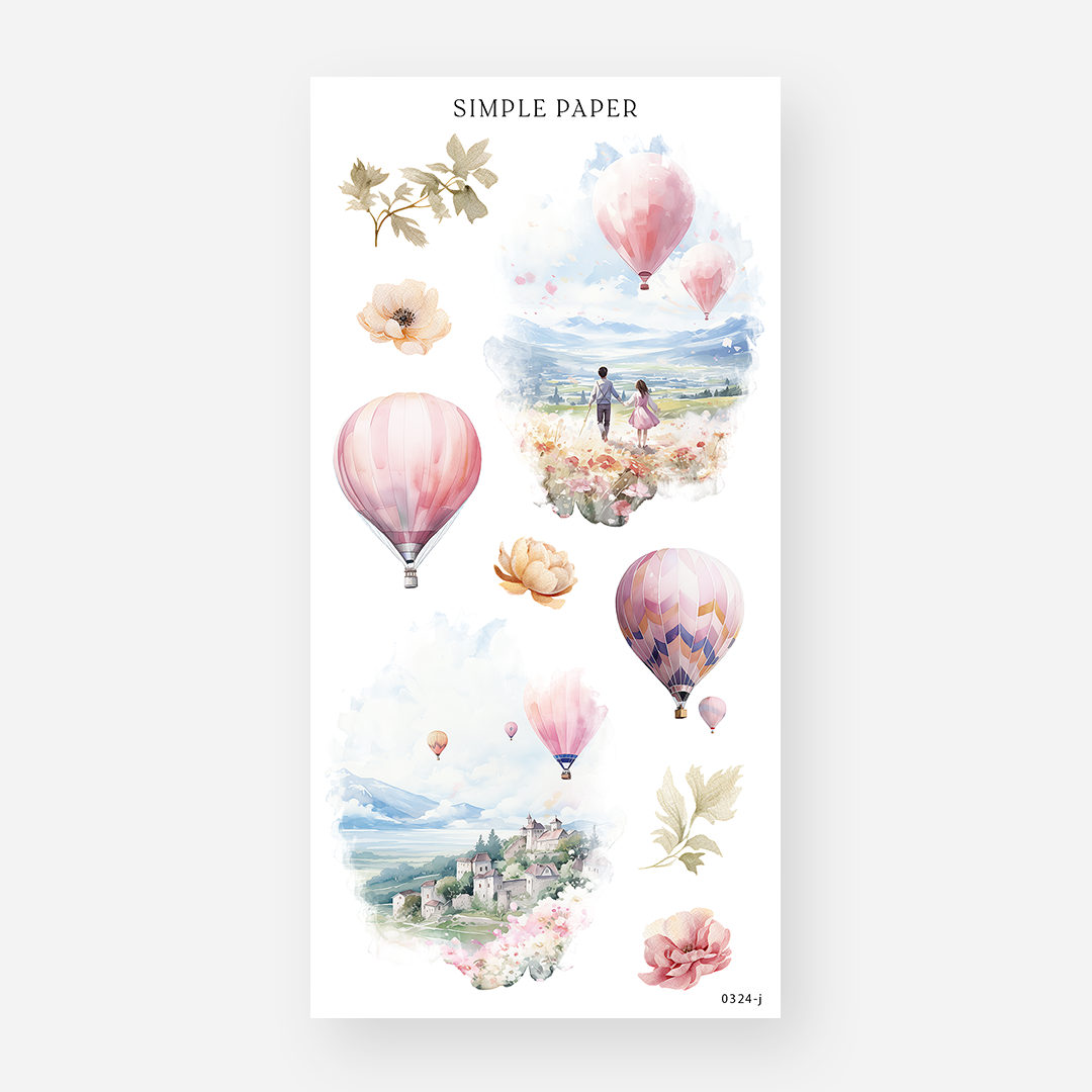 Hot air balloon stickers over a wildflower meadow and hillside village, March 2024 Sheet J