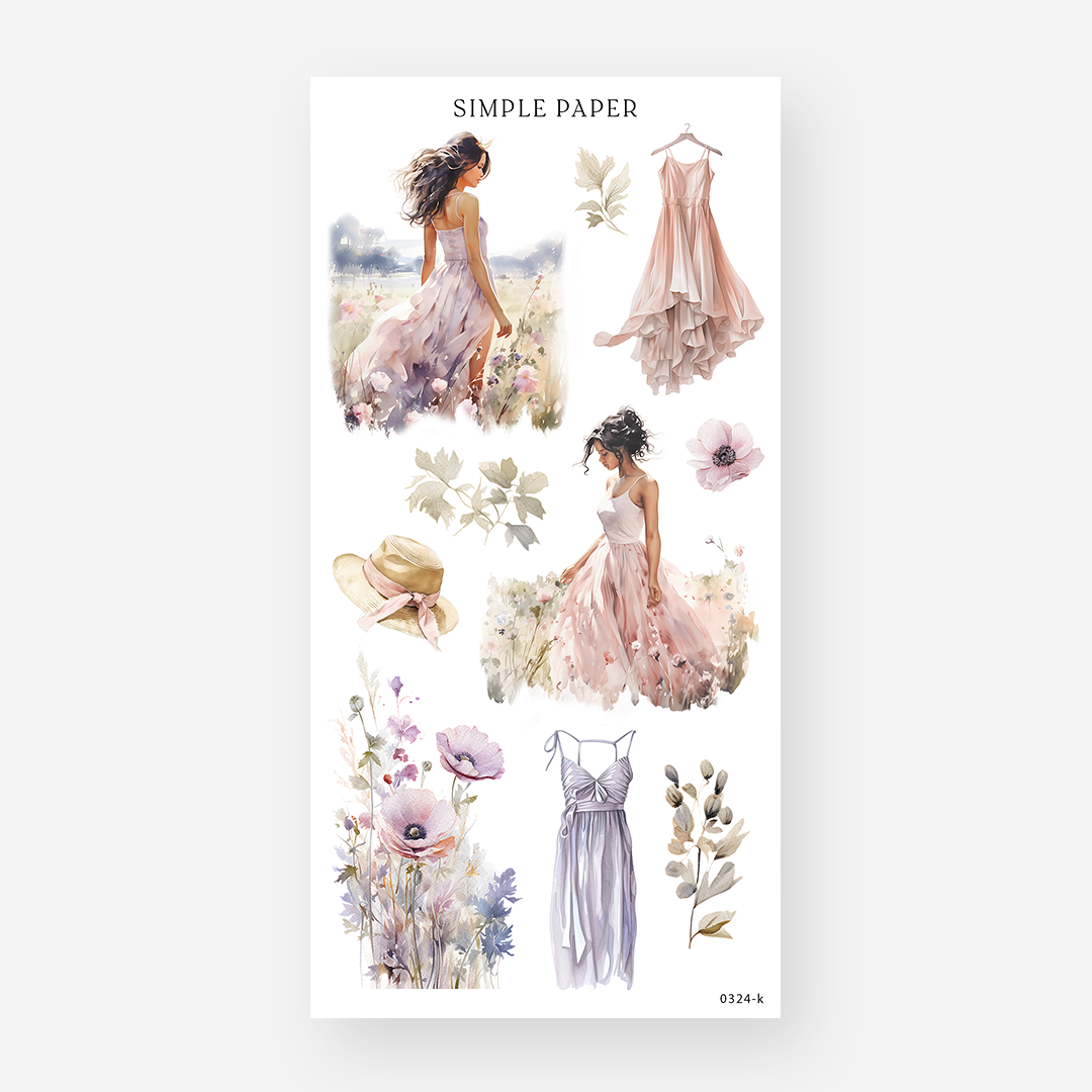 Flowing dress and wildflower meadow stickers with a straw sun hat, March 2024 Sheet K