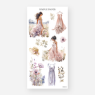 Flowing dress and wildflower meadow stickers with a straw sun hat, March 2024 Sheet K