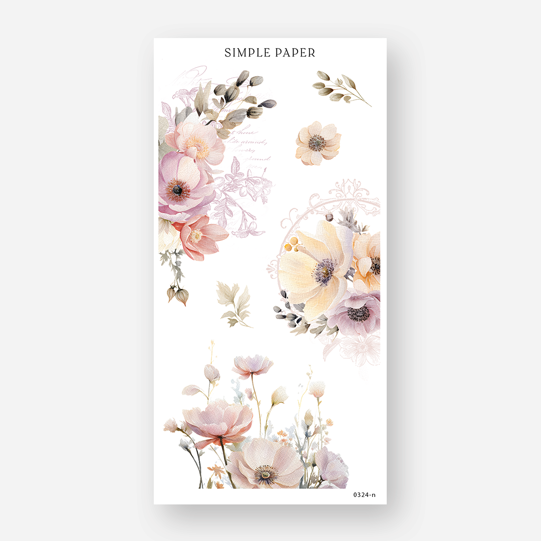 Anemone bouquet stickers with an ornate floral frame outline, March 2024 Sheet N