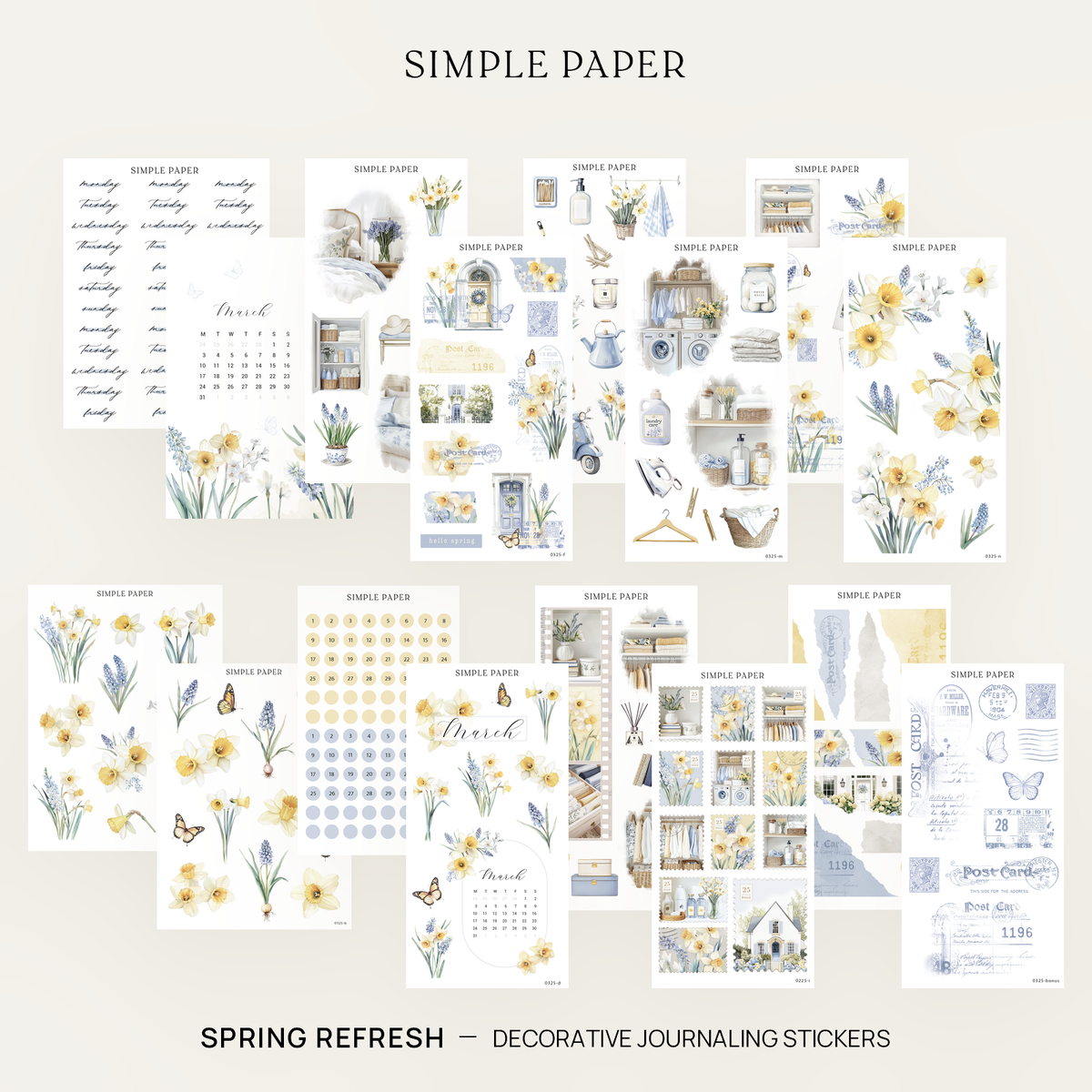 Spring Refresh full kit with daffodils, grape hyacinths, butterflies, laundry and closet scenes and a March 2025 calendar