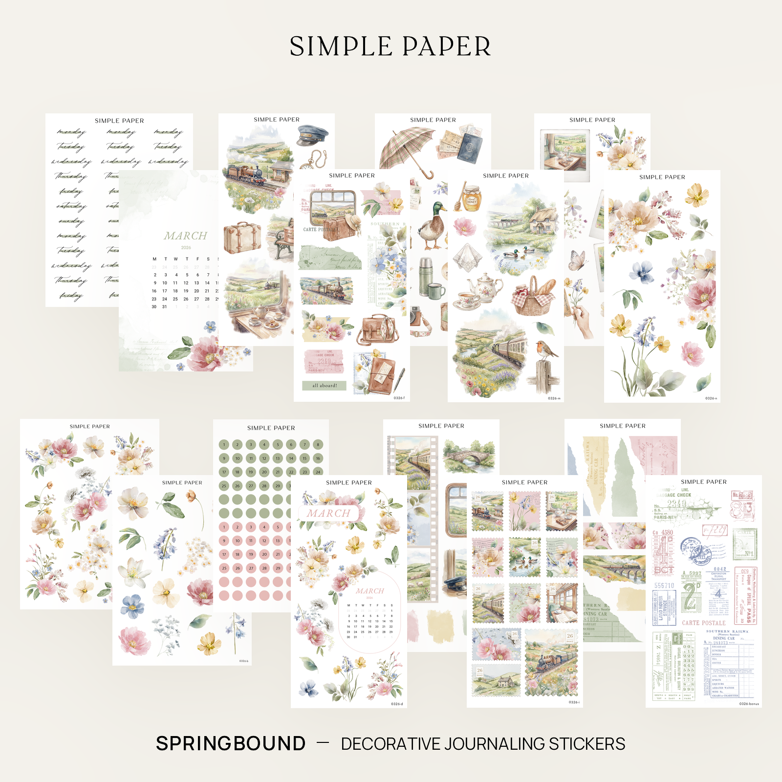 Springbound Full Decorative Kit: 14 sticker sheets of spring florals, travel ephemera and date dots by Simple Paper