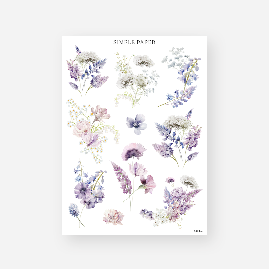 Lilac, wisteria, cosmos and hydrangea floral stickers in lavender and blush, April 2024 Sheet A