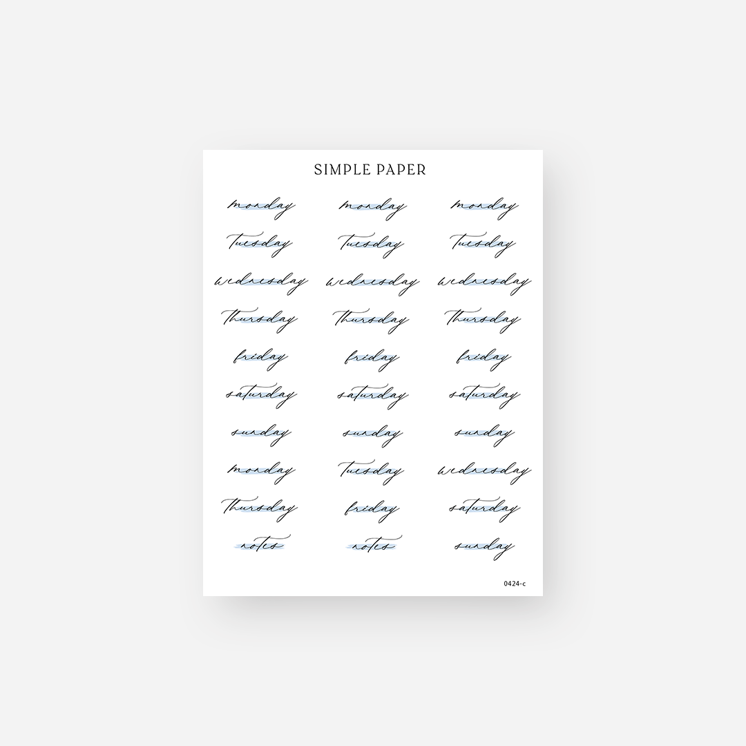 Navy script days of the week planner stickers with notes labels, April 2024 Sheet C