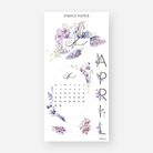 April calendar sticker sheet with monthly grid, lilac florals and APRIL letter stickers, Sheet D