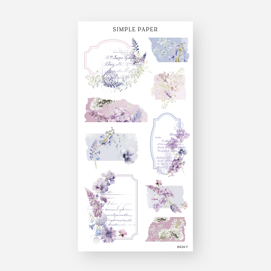 Vintage postcard washi stickers with script writing and lilac and anemone florals, April 2024 Sheet F
